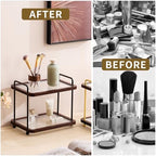 2-Tier Bathroom Counter Organizer with Transparent Stripe Acrylic Shelves, Brown Wood Frame and Black Metal Support, Rustproof Vanity Storage Rack for Skincare Cosmetics and Toiletries - Image 6