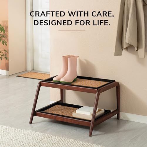 Anji Mountain Heavy Duty Waterproof Wooden Shoe Storage Mat Organizer/Boot Storage Tray Multi Use for Entryway with Coir, Tan and Blue Insert, 2 Tier, Fits 4 Pair (26.5" Wide) - Image 5