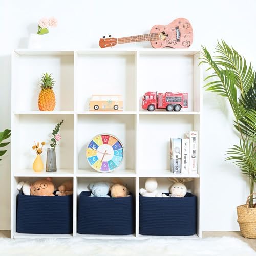 MINTWOOD Design 3-Pack Decorative Woven Storage Baskets for Shelves, Cube Bin Box for Organizing Books, Shoes, Dog Toys, Pantry Closet and Living Room Organizer, Navy Blue - Image 4