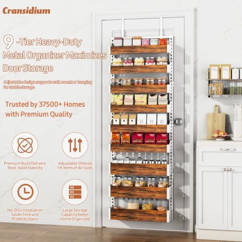 Over the Door Pantry Organizer: Pantry Organization and Storage with Hanging Basket - 9-Tier Metal Spice Rack Adjustable Shelves for Kitchen Bedroom Bathroom & Laundry Room White - Image 2