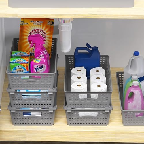 Simple Houseware Stackable Plastic Woven Basket Organizer, 6 Pack, Gray - Image 5