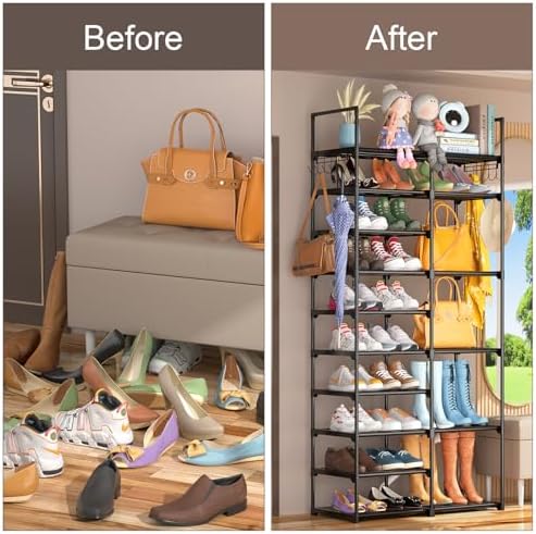 Kottwca 2 Row 10 Tier Tall Shoe Rack Organizer for Closet Entryway, 40-45 Pair Shoe Boot Storage Rack, Metal Shoe Shelf Small Vertical Stackable Shoe Stand for Bedroom Corner - Image 5