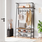 31.5" Coat Rack Hall Tree Shoe Bench with Hooks, 4 in 1 Shelf Entryway Hall Tree with Storage, Freestanding Metal Frame Multifunctional Hallway Organizer, Wood Look Accent Furniture for Bathroom - Image 4