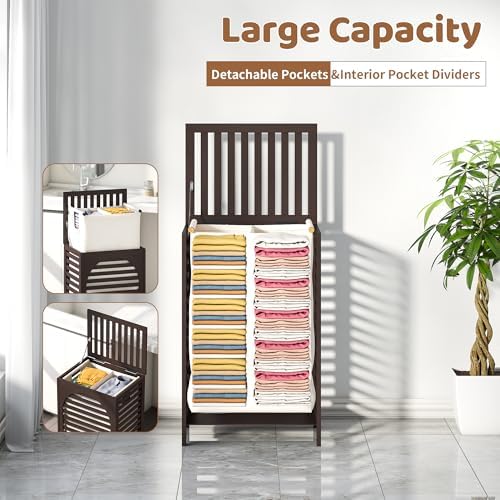 Laundry Hamper with Lid (16.9 * 13 * 26.5inches) Large Bamboo Laundry Bin Basket 85L Clothes Hamper with 1 Removable Bag Storage baskets for Bathroom(Brown) - Image 5