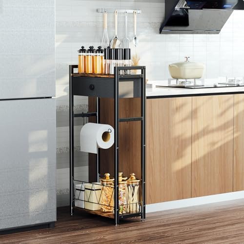 Freestanding Toilet Paper Holder Stand with Storage Drawer, Narrow Bathroom Shelf, Spare Roll Basket, 4-Way Install Paper Arm, Space-Saving Rack for Apartments & RVs (Brown) - Image 7