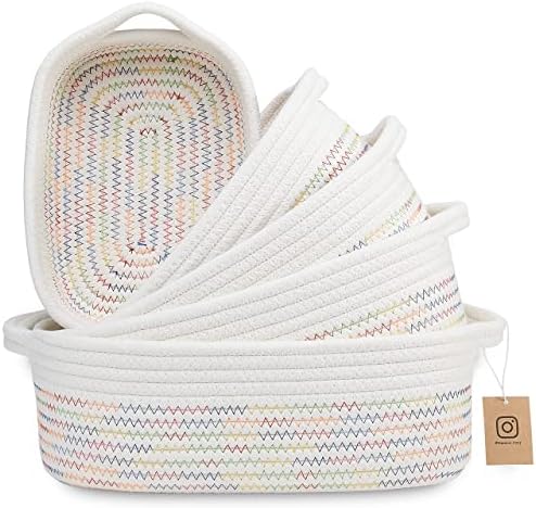 NaturalCozy 5-Piece Rectangle Storage Basket Set- Natural Cotton Rope Woven Baskets for Organizing! Small Basket for Montessori, Baby Nursery, Dog Toy Baskets, Cat Toy Box, Bathroom Organization Bin by NaturalCozy