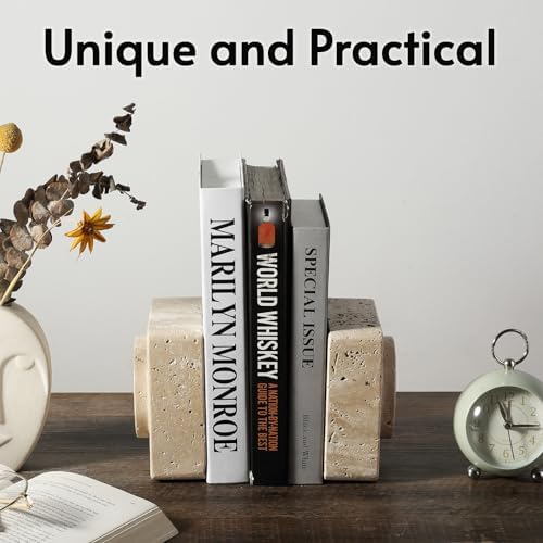 Koville Marble Square Book Ends, Heavy Duty Book Holders, Bookends for Shelves, Office Bookshelf Decor for CDs/Video Games(Travertino Romano) - Image 4