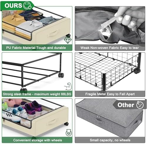 Beborxue Under Bed Storage with Wheels, 4-Pack Under Bed Storage Containers with Clear Lids, XXL 60L Under Bed Shoe Storage Organizer, Rolling Underbed Storage for Clothes, Shoes, Blankets (Beige) - Image 2