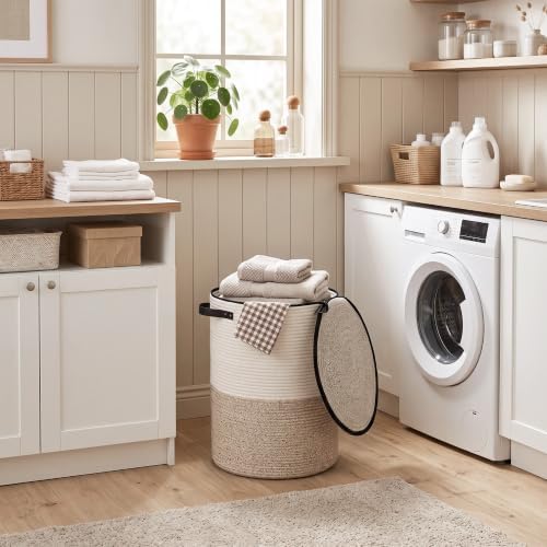 Laundry Basket with Lid, 15" x 20" Tall Woven Blanket Storage for Living Room, Round Cotton Rope Nursery Hamper with Zipper, Lidded Kids Toy Bin, Large Decorative Basket with Cover, Brown - Image 7