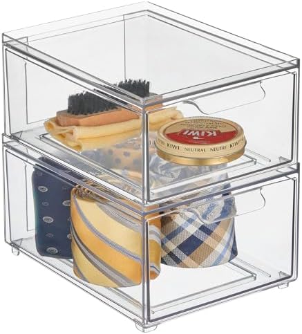 mDesign Stackable Storage Containers Box with 2 Pull-Out Drawers - Stacking Plastic Drawer Bins for Closet Organization, Linen, Coat, Bedroom or Entryway Closets - Lumiere Collection - 2 Pack - Clear by mDesign