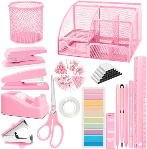 Pink Office Supplies, 17Pcs Pink Desk Accessories Set Include Stapler, Mesh Desk Organizer, Tape Dispenser, Staple Remover, Pen Holder, Clips, Pens, Ruler, for Office Home School Women Students Gift by JIZHIYUAN