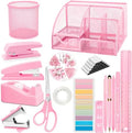 Pink Office Supplies, 17Pcs Pink Desk Accessories Set Include Stapler, Mesh Desk Organizer, Tape Dispenser, Staple Remover, Pen Holder, Clips, Pens, Ruler, for Office Home School Women Students Gift by JIZHIYUAN