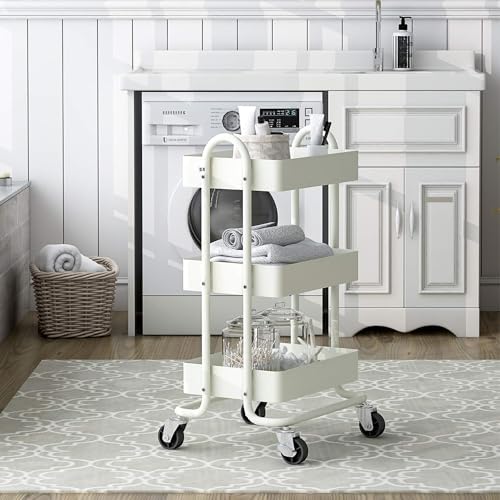 Metal Rolling Cart,3-Tier Metal Rolling Cart with Wheels,3 Tier Utility Cart with Wheels for Office,Home,Kitchen,Garden（13.4"x18.1"x31"） White - Image 5