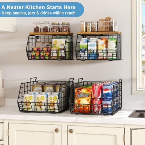 Potato and Onion Storage Bin with Wooden Top, 2-Tier Stackable Wire Basket - Image 5