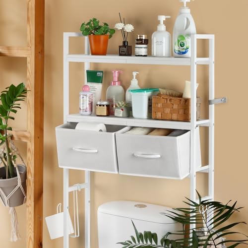YBING Over The Toilet Storage Cabinet, Over Toilet Bathroom Organizer with Drawer, Roll Holder and Hooks, Bathroom Storage Cabinet, Wooden, White - Image 4