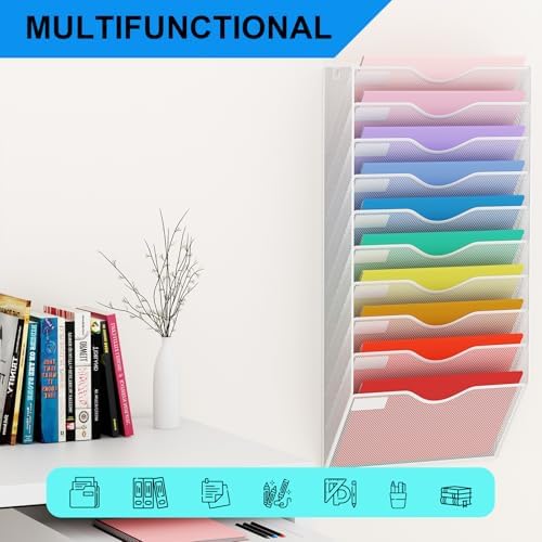 10 Pockets Hanging Wall File Organizer Mail Holder, Wall Mounted Paper Document Folder Holder, Clipboard Storage Organization Magazine Rack, White - Image 6