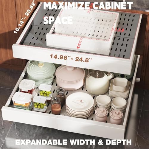 Seinloes 4 Pack Pull Out Cabinet Organizer Expandable Width(15"-25") and Depth(17"-24"),Slide Out Drawers With Raising Pad for Framed Cabinets,No Drill Roll Out Shelves for Kitchen,Bathroom,White - Image 2