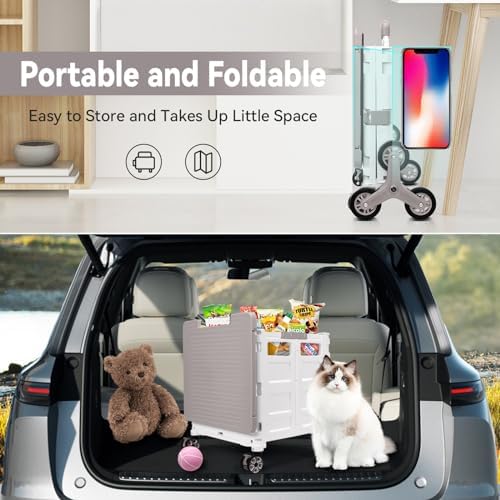 Foldable Utility Cart Portable Crate Rolling Dolly with Telescopic Handle,Can be Pulled diagonally, Magnetic Retractable Lid, 360°Swivel Climbing Wheels for Shopping Carrying Groceries Move White - Image 7