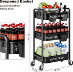 3 Tier Heavy Duty Metal Rolling Storage Cart Organizer with Wheels, Black - Image 2