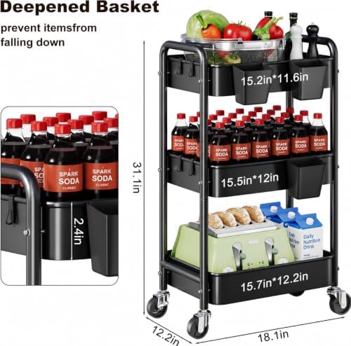 3 Tier Heavy Duty Metal Rolling Storage Cart Organizer with Wheels, Black - Image 2