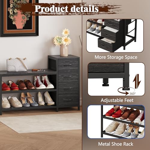 EXOTICA Industrial Shoe Storage Bench with 4 Drawers & Seat, Black - Image 4