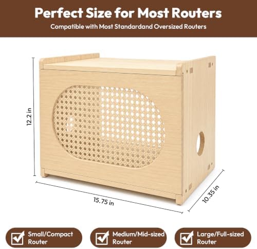 Natural Wood Router Box Hider with Rattan Doors, Tabletop Cable Management Cabinet to Hide Modem & Cords, Fits up to 11" H, 16"x10.4"x12" - Image 2
