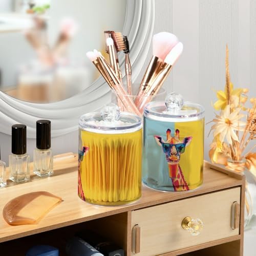 Fustylead 4 Pack Cute Giraffe in Sunglasses Drinking Juice Qtip Holder Dispensers for Cotton Swab, Ball, Round Pads, Floss, Plastic Apothecary Jar Set for Bathroom Canister Storage - Image 5