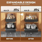Seinloes 2 Pack Expandable Pull Out Cabinet Organizer 21" Deep with Raising Pad for Framed Cabinets,Upgrade 3 Slide Rails Slide Out Drawers,Roll Out Shelves Adhesive,Adjustable Width 9"-14.1" Black - Image 3