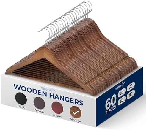 SereneLife 60-Pack Vintage Wooden Suit Hangers – Heavy-Duty, Non-Slip Clothes Hanger Set with 360° Chrome Swivel Hook & Notches – Solid Wood Coat Hangers for Suits, Jackets, Dresses & More by SereneLife