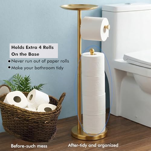 Gold Toilet Paper Holder with Shelf, Freestanding Toilet Paper Holder Stand with Storage for Holding Extra 4 Toilet Paper Rolls, Heavy Base No Tipping Over (Stainless Steel, Gold) - Image 5