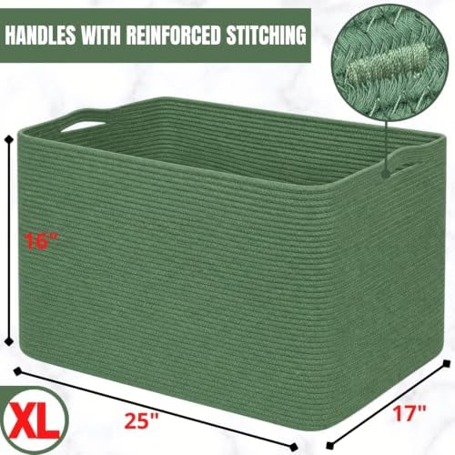 MINTWOOD Design 112L Extra Large Blanket Basket Holder Living Room, 25"x17"x16" Rectangle Rope Woven Storage Basket with Handles for Laundry, Towels, Shoes, Dog Toy Organizer Bin Box, Green - Image 3
