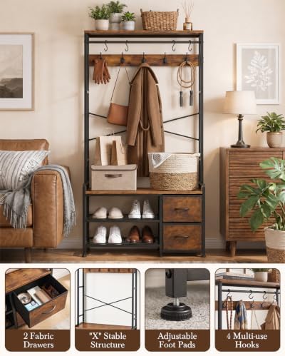 Faesun Hall Tree with Bench and Shoe Storage, Rustic Brown - Image 5