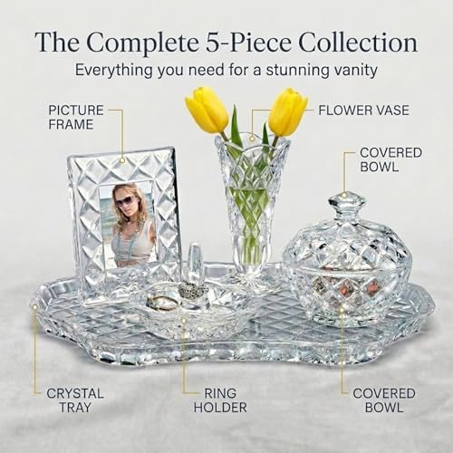 Godinger Crystal Glass Vanity Set of 5, Display Tray, Ring Holder, Vase, Picture Frame, Storage Box with Lid, Shannon Collection - Image 2