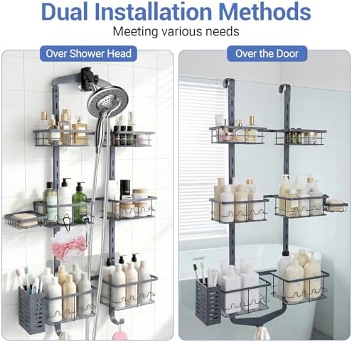 Extra Large Shower Caddy Hanging, Rust-Resistant Shower Organizer Hanging,3 Tier Height-Adjustable Over the Head Caddy,Rack with Soap Basket (Gray) - Image 3