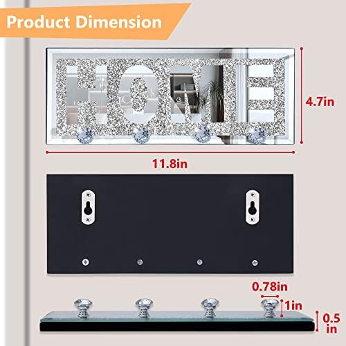 SHYFOY Sparkly Mirrored Key Holder Key Hanger with 4 Clear Crystal Hooks - Image 2