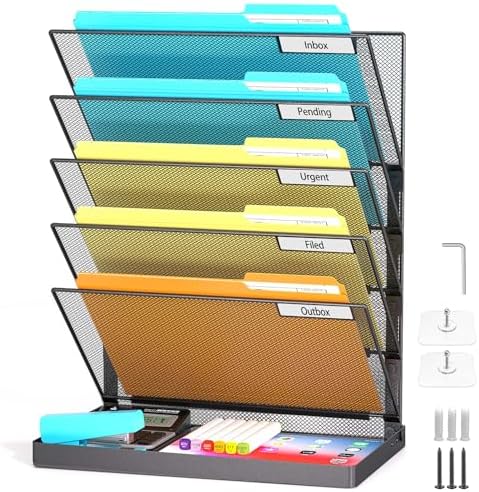 Legal /A4/ Letter Size Hanging Wall File Organizer Desktop File Organizer,6-Tier Wall Mount/Self Standing Paper Document Folder Holder,Mesh Magazine Rack for Office Home, Black ﻿ by Fun+storage