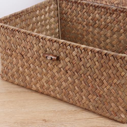 FEIALNDUO Wicker Shelf Baskets with Lid,Seagrass Storage Basket Bins Rectangular Handwoven Basket Boxes for Shelves Desktop Home Organizer (Coffee, Large) - Image 5
