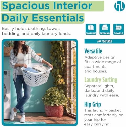 Home Logic 1.75 Bushel Plastic Laundry Basket with Hip Grip, Large Laundry Hamper with Handles, Ventilated Clothes Organizer for Bedroom Bathroom Closet, 2 Pack, White - Image 5