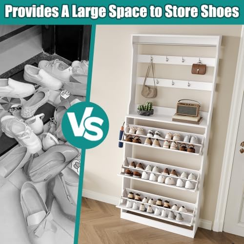 Shoe Cabinet for Entryway with 3 Flip Drawers, White Tall Wood Shoe Storage Cabinet with Coat Rack, Narrow Hidden Slim Freestanding Shoe Rack Organizer, 2 in 1 Hall Tree for Living Room, Hallway - Image 6