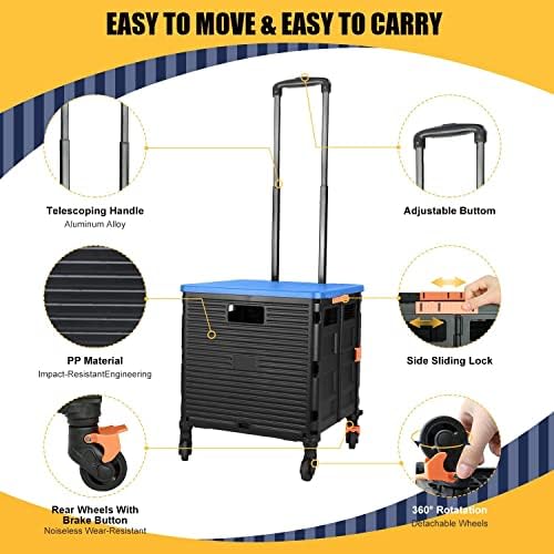 Foldable Utility Cart Folding Portable Rolling Crate Handcart Handcart Shopping Trolley Wheel Box with Lid,360°Rotate Wheels,Heavy Duty Durable Dolly Cart for Teacher Tourist Shopping Office Outdoor - Image 4