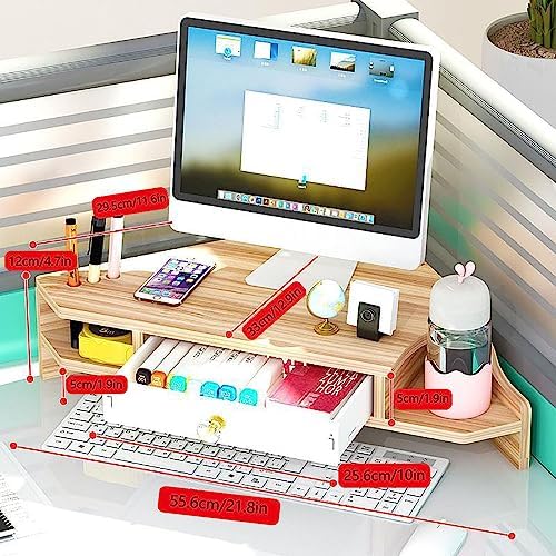 Triangle Monitor Stand Riser,Cut Triangle Save Space Desktop Corner,Desktop corner shelf with drawers wooden computer stand with storage laptop risers office organization. (Have drawers) - Image 2