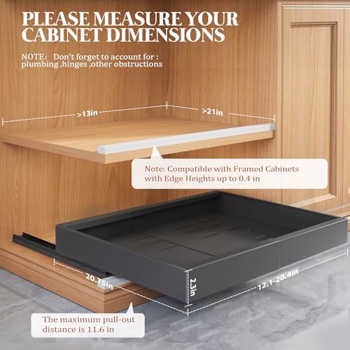 Seinloes 4 Pack Expandable Pull Out Cabinet Organizer 21"Deep With Raising Pad for Framed Cabinets,Upgrade 3 Slide Rails Slide Out Drawers,No Drill Roll Out Shelves,Adjustable Width 12.1"-20.4" Black - Image 3