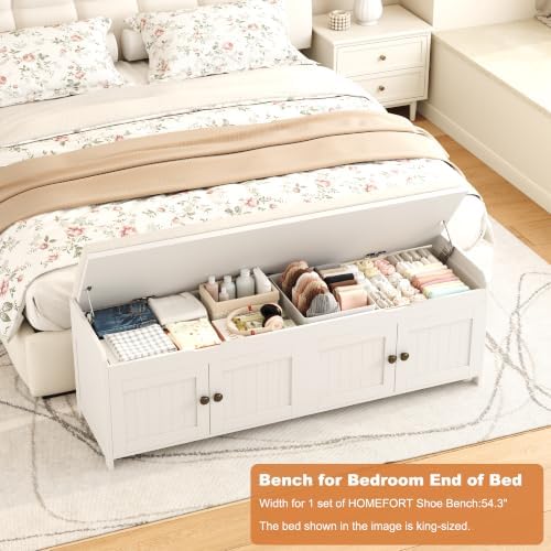 HOMEFORT 54.4" Shoe Bench with Lift Top Storage, Entryway Bench with Cushioned Seat, Wooden End of Bed Bench, Shoe Cabinet Bench with Hidden Storage Space, for Bedroom, Hallway,White - Image 5
