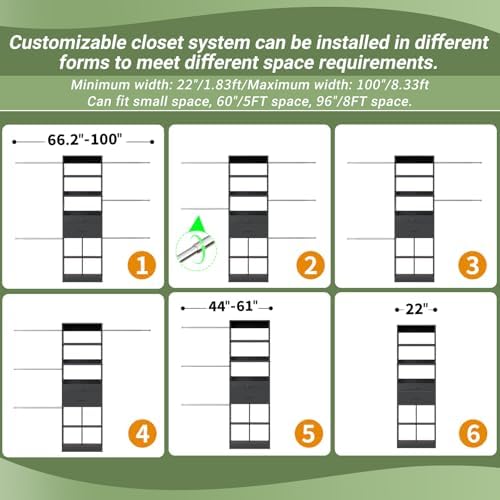 Besiost Closet System, 4-8 FT Closet Organizer Systems with 2 Wooden Drawers and 5 Hanging Rods, Can Fit 60 to 96 inch Walk-in Closet System, Black - Image 7