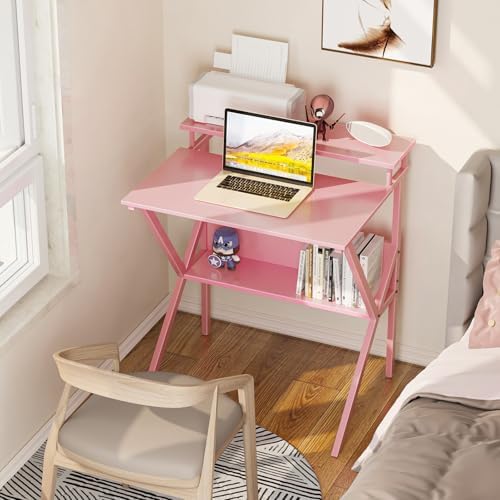 ODK 27.5 Inch Small Desk with Storage & Monitor Stand, Pink - Image 6