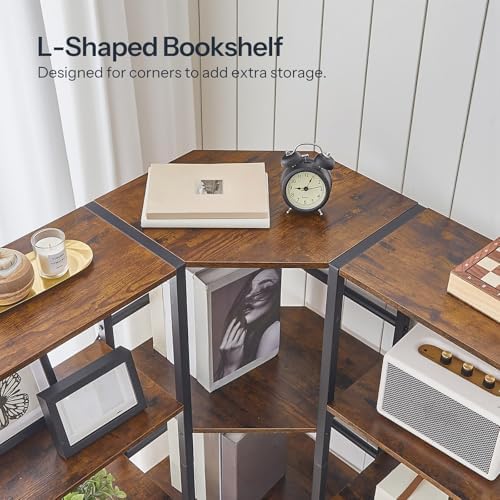 HOOBRO Industrial Corner Bookshelf, 5-Tier L-Shaped Bookcase, Open Display Storage Rack, Floor Standing Storage Shelf, for Living Room, Bedroom, Home Office, Rustic Brown and Black BF68SJ01 - Image 5
