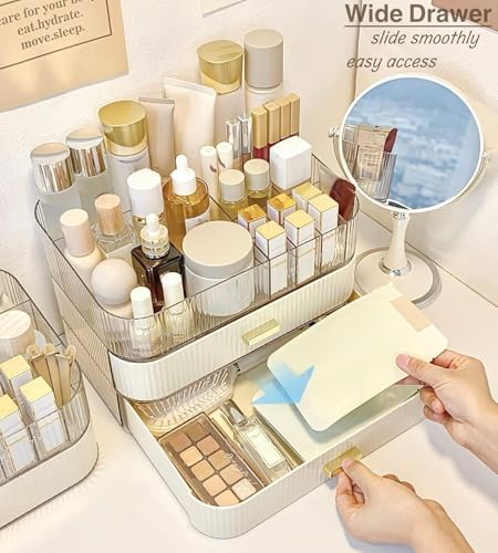 Makeup Organizer with Stackable Drawers, Bathroom Countertop Vanity Organizers and Storage, Ideal for Desk and Dresser, Great for Cosmetics, skin Care, Lipsticks, Nail Care -Cream White - Image 3
