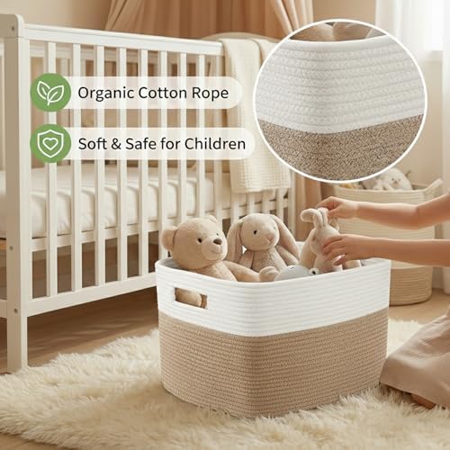 JMvicyroam 65L Large Woven Cotton Rope Blanket Basket, White&Oatmeal - Image 4