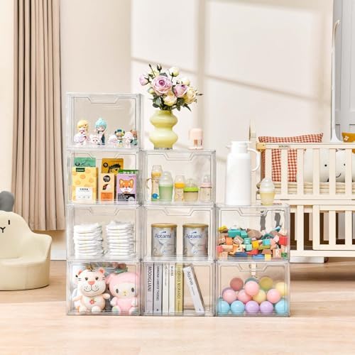 Freebat Stackable Storage Organizers, Clear Acrylic Display Case, 9-Pack Acrylic Boxes with Lids, Clear Storage Containers Storage for Handbags, Collectibles & Figures - Image 3
