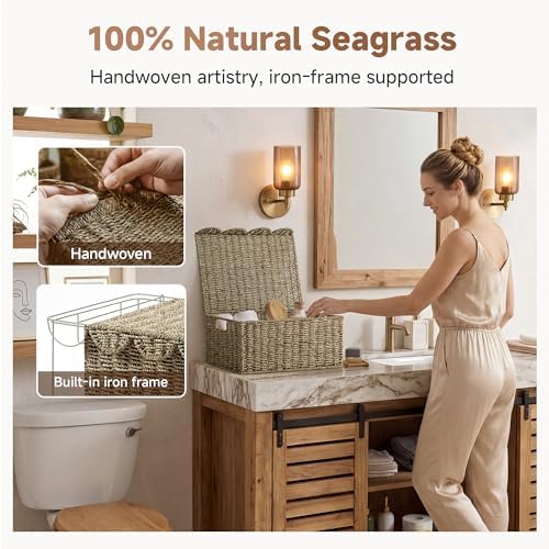 StorageWorks Scalloped Wicker Basket with Lid, Seagrass Storage Baskets - Image 3